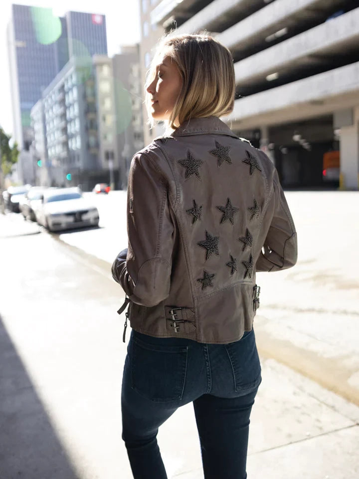 MAURITIUS CHRISTY STAR DETAIL LEATHER JACKET COZY TAUPE