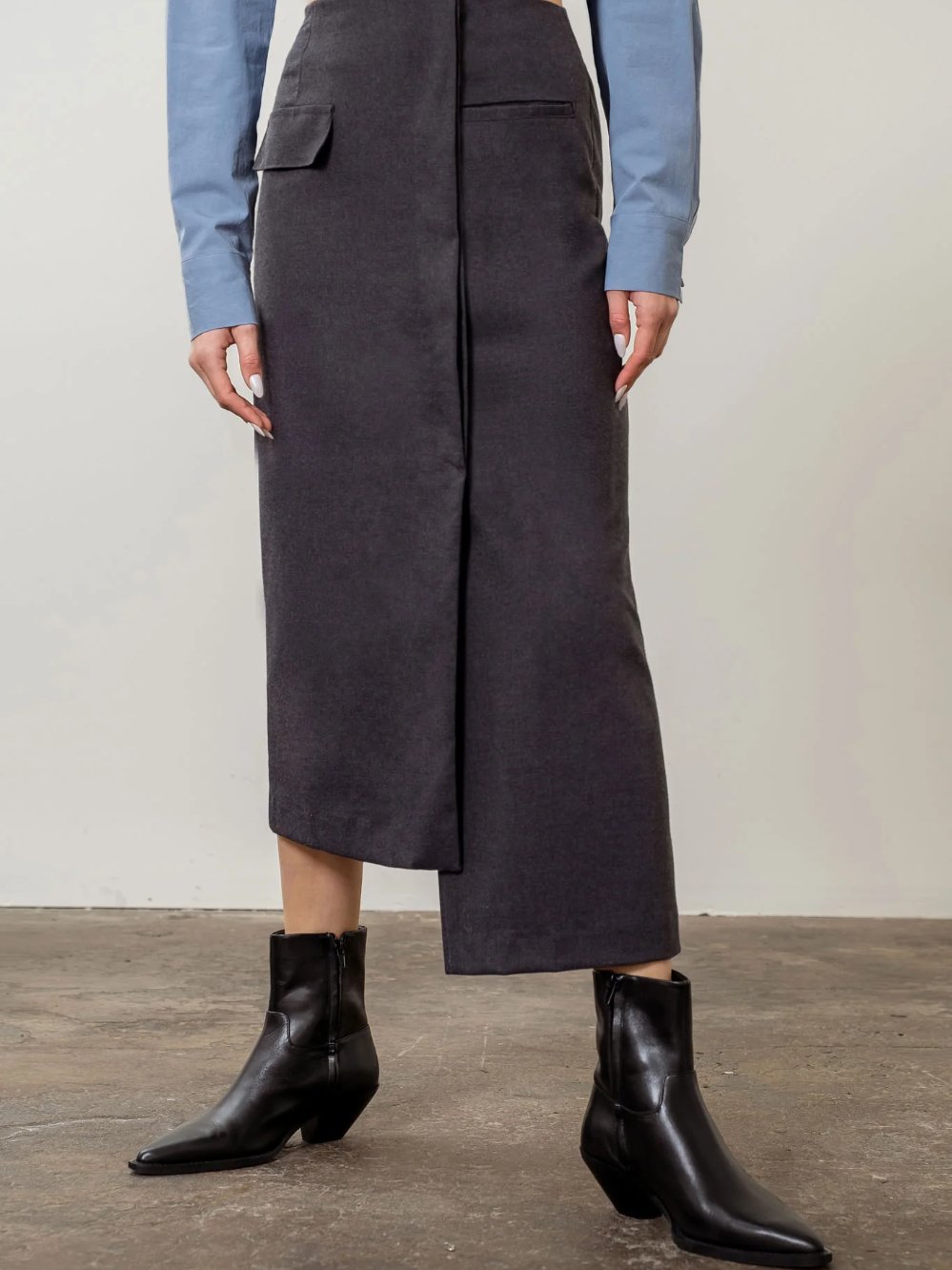 MOON RIVER ASYMMETRICAL HEM MIDI WRAP SKIRT CHARCOAL