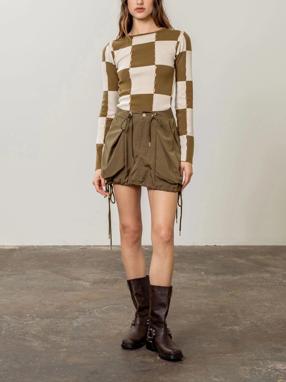MOON RIVER CHECKBOARD HOLE KNIT RIB SWEATER OLIVE