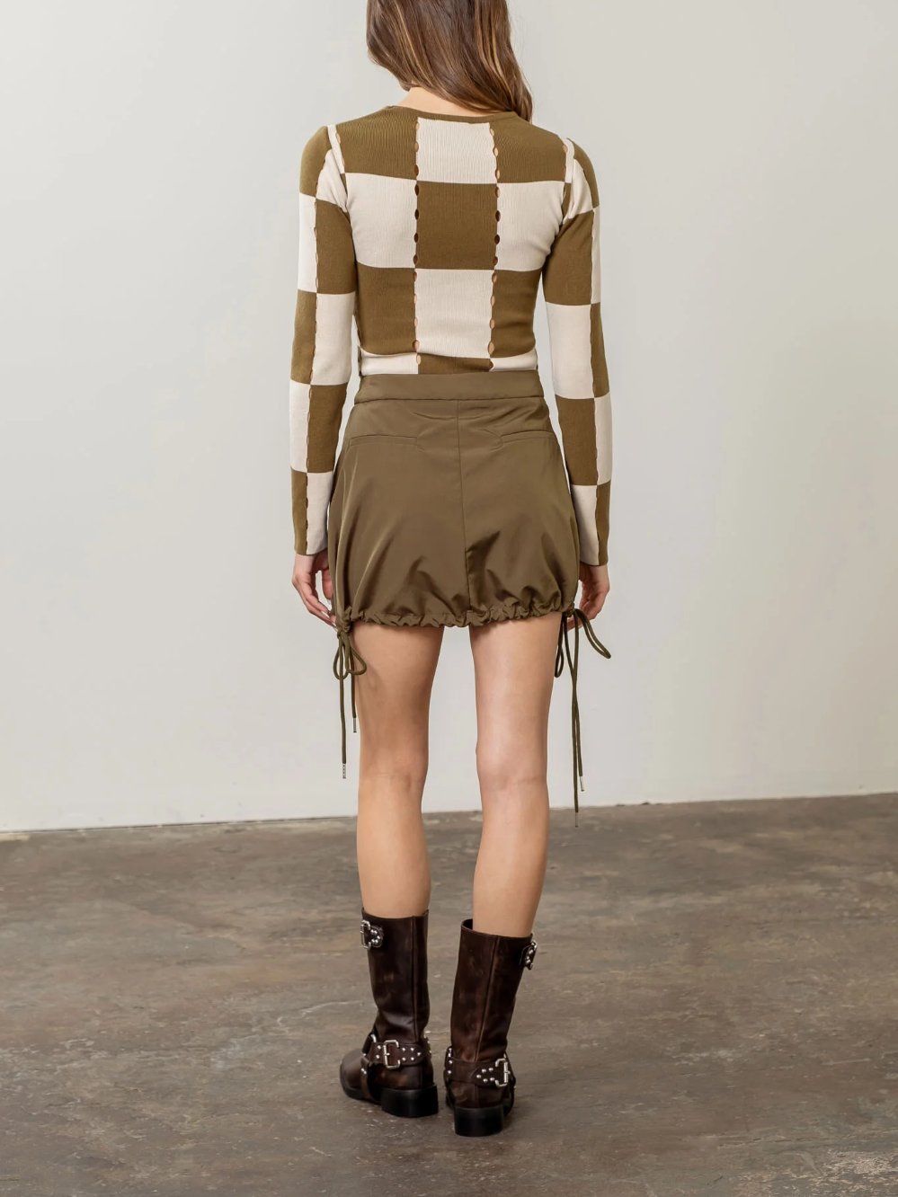 MOON RIVER CHECKBOARD HOLE KNIT RIB SWEATER OLIVE