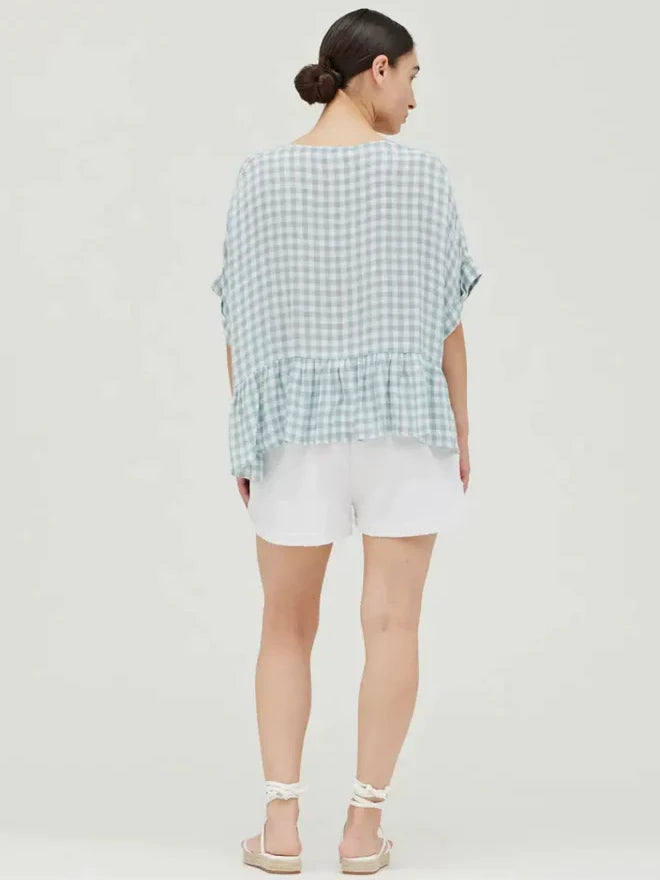 GRADE & GATHER GINGHAM BOXY RUFFLE TOP SKY