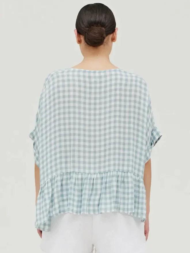 GRADE & GATHER GINGHAM BOXY RUFFLE TOP SKY