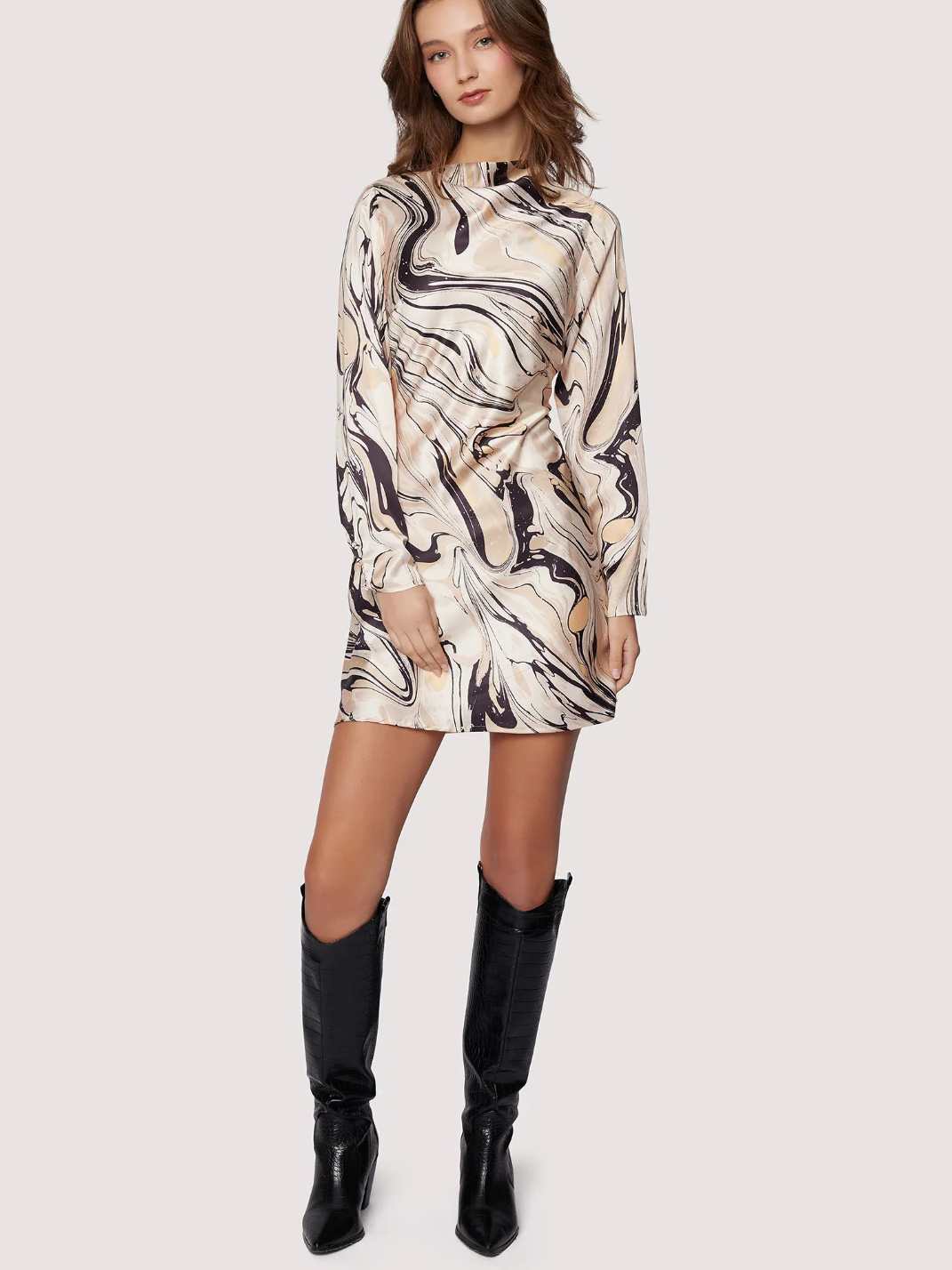 LOST + WANDER OPULENCE LONG SLEEVE MINI DRESS CREAM MULTI