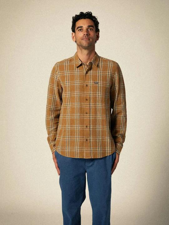 BRIXTON CHARTER LINEN BLEND L/S WOVEN WASHED COPPER/WHITECAP PLAID
