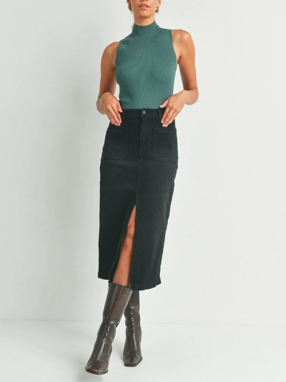 JUST BLACK DENIM UTILITY POCKET MIDI SKIRT WASHED BLACK