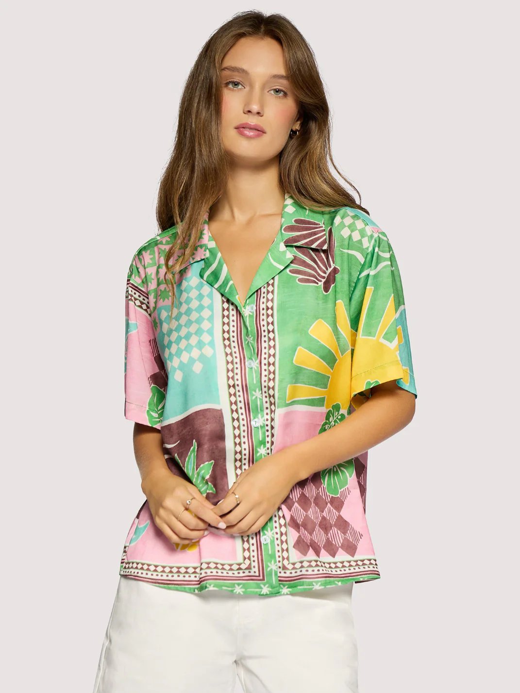 LOST + WANDER ISLA SPELL BUTTON DOWN SHIRT GREEN MULTI