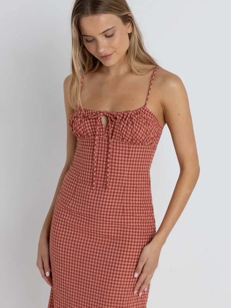 RHYTHM LOLA CHECK GATHERED MAXI DRESS RED
