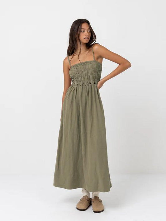 RHYTHM CLASSIC SHIRRED MIDI DRESS OLIVE