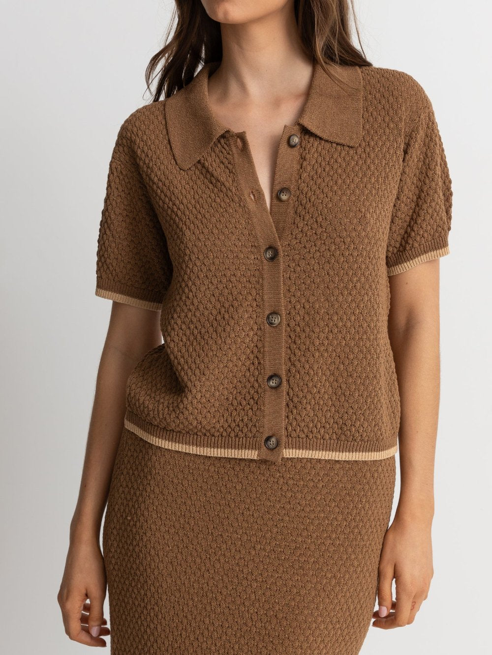 RHYTHM JONI SHORT SLEEVE KNIT SHIRT CHOCOLATE