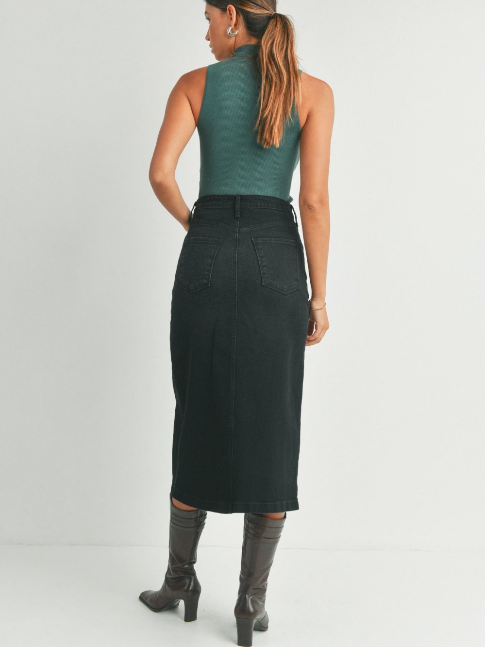 JUST BLACK DENIM UTILITY POCKET MIDI SKIRT WASHED BLACK