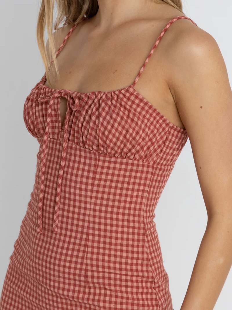 RHYTHM LOLA CHECK GATHERED MAXI DRESS RED