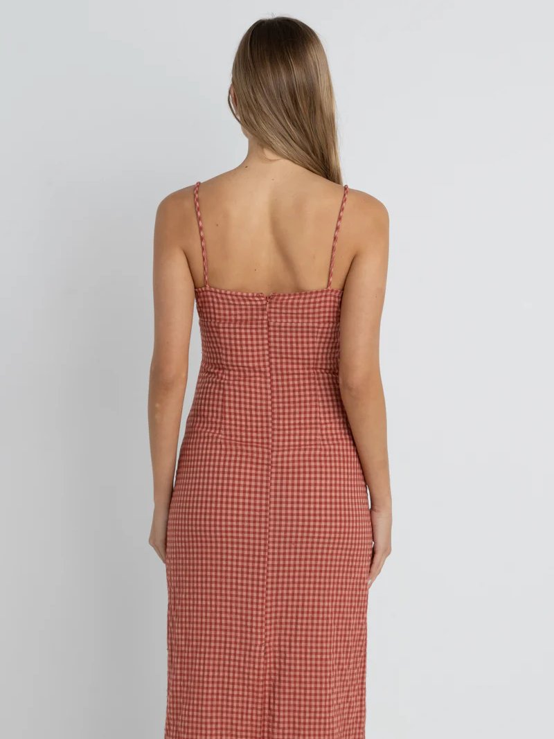 RHYTHM LOLA CHECK GATHERED MAXI DRESS RED