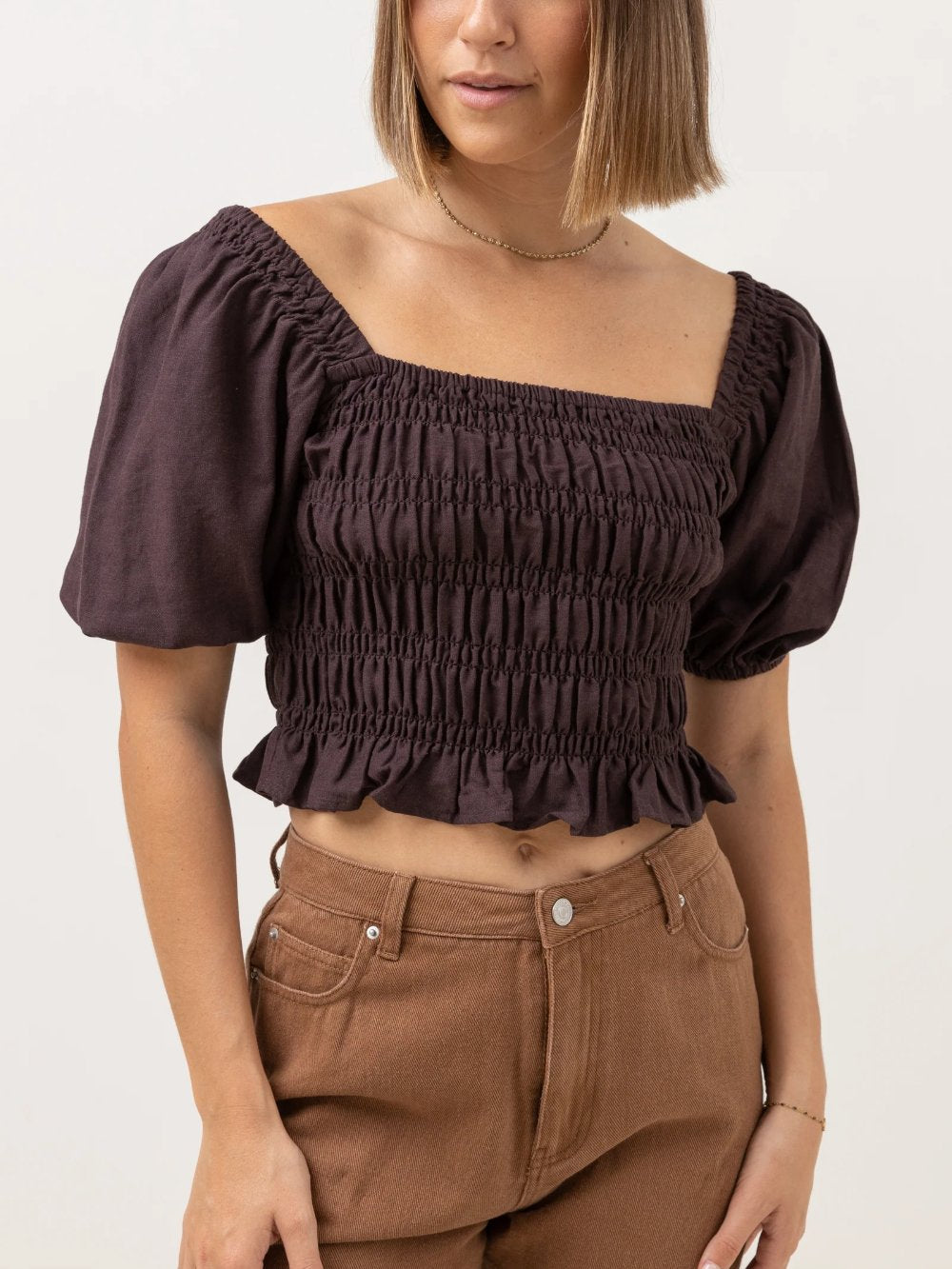 RHYTHM BRONTE SMOCKED TOP CHESTNUT