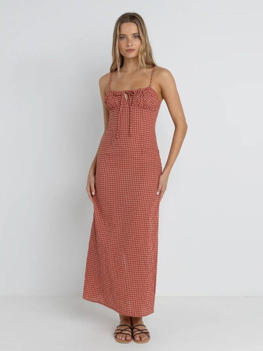 RHYTHM LOLA CHECK GATHERED MAXI DRESS RED