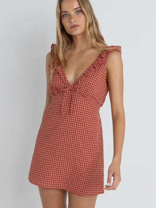 RHYTHM LOLA CHECK RUFFLE MINI DRESS RED