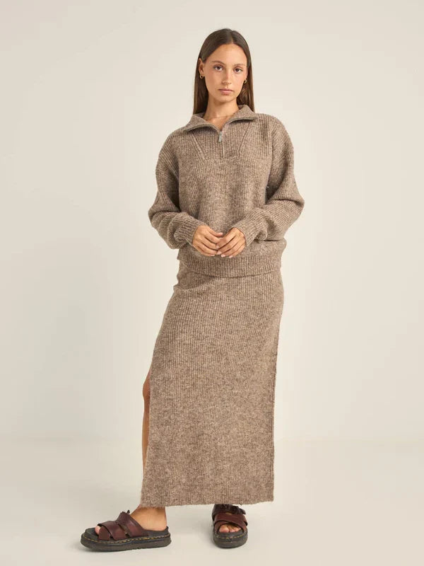 RHYTHM QUINN KNIT MIDI SKIRT OATMEAL