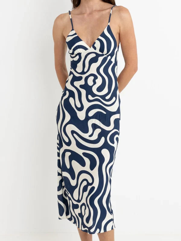 RHYTHM WAVERLY BIAS CUT MIDI DRESS INK