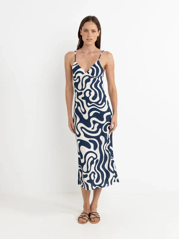 RHYTHM WAVERLY BIAS CUT MIDI DRESS INK