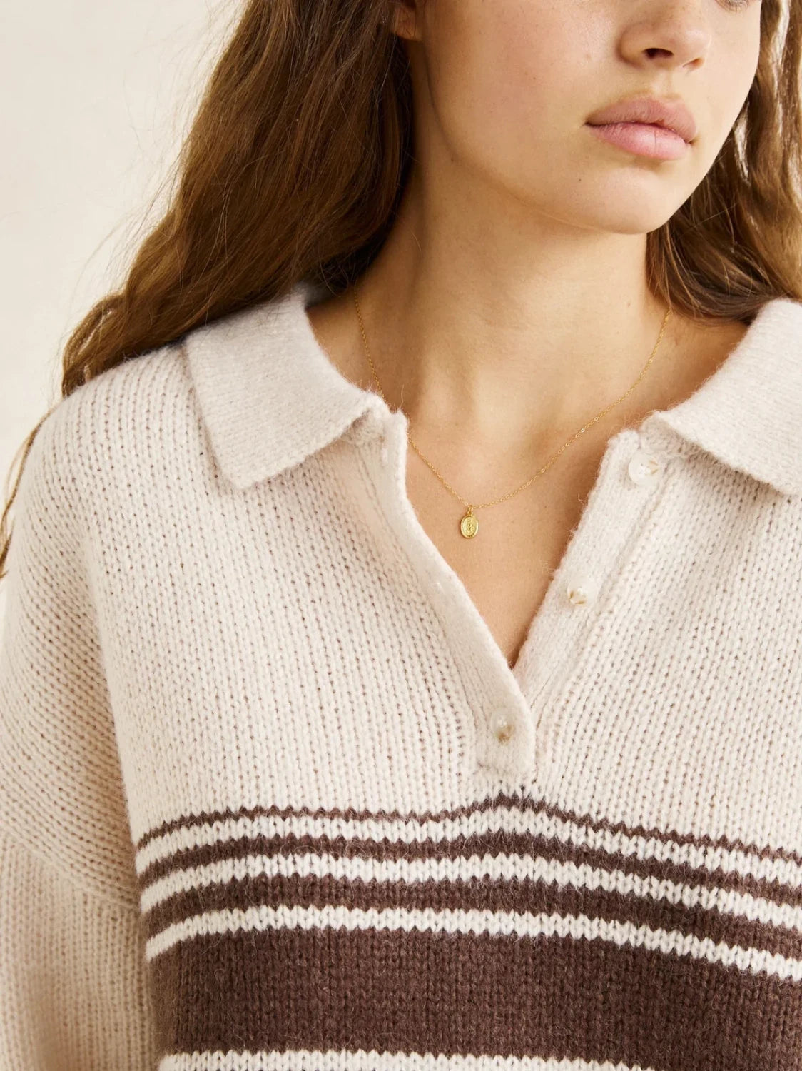 woman wearing STRATA KNIT COLLARED SWEATER unbuttoned neckline