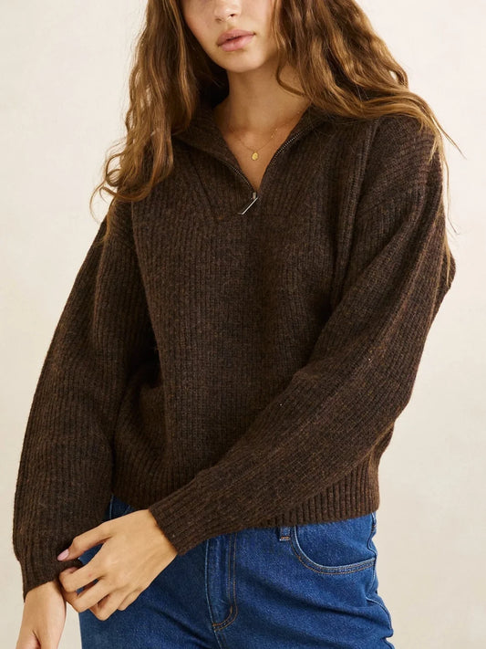 womens rhythm quincy zip brown quarter zip sweater