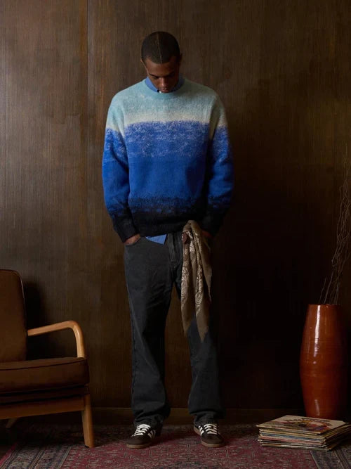 KUWALLA GRADIENT KNIT CREW SWEATER BLUE 