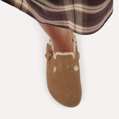 BIRKENSTOCK BOSTON SHEARLING SUEDE LEATHER DARK TEA 