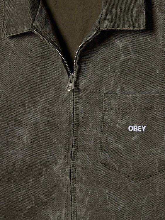 OBEY WORKMAN ZIP JACKET BLACK OLIVE WRINKLE WASH 