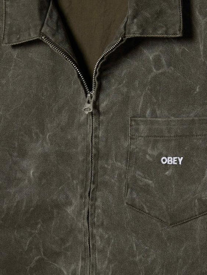 OBEY WORKMAN ZIP JACKET BLACK OLIVE WRINKLE WASH 