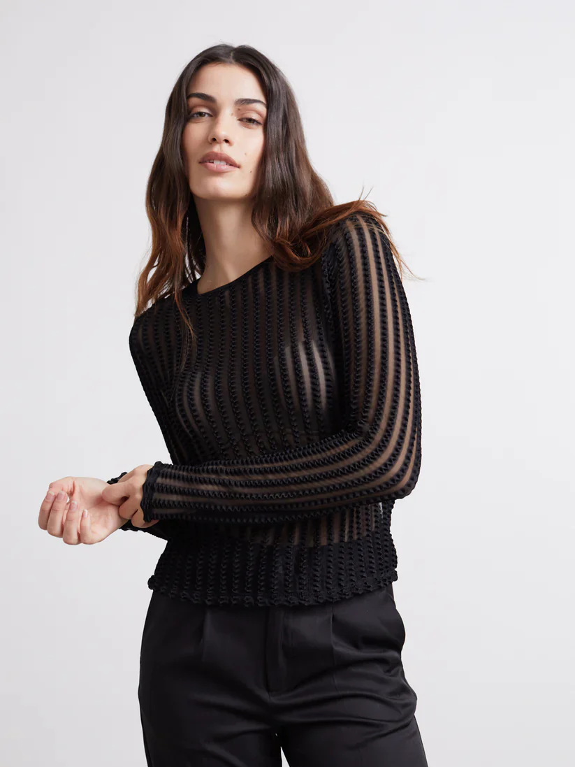 24COLOURS VERTICAL STRIPE SHEER L/S BLACK