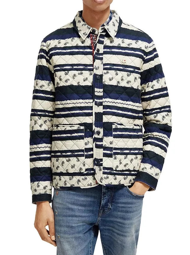 SCOTCH & SODA QUILTED ALL OVER PRINT SHIRT JACKET BLUE PAISLEY STRIPE