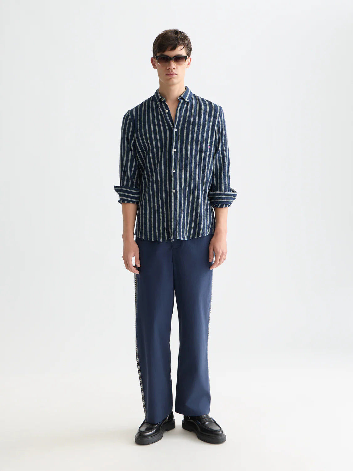 S&S STRIPED CRINKLE STRUCTURE REGULAR FIT SHIRT GARDEN GREEN STRIPE 