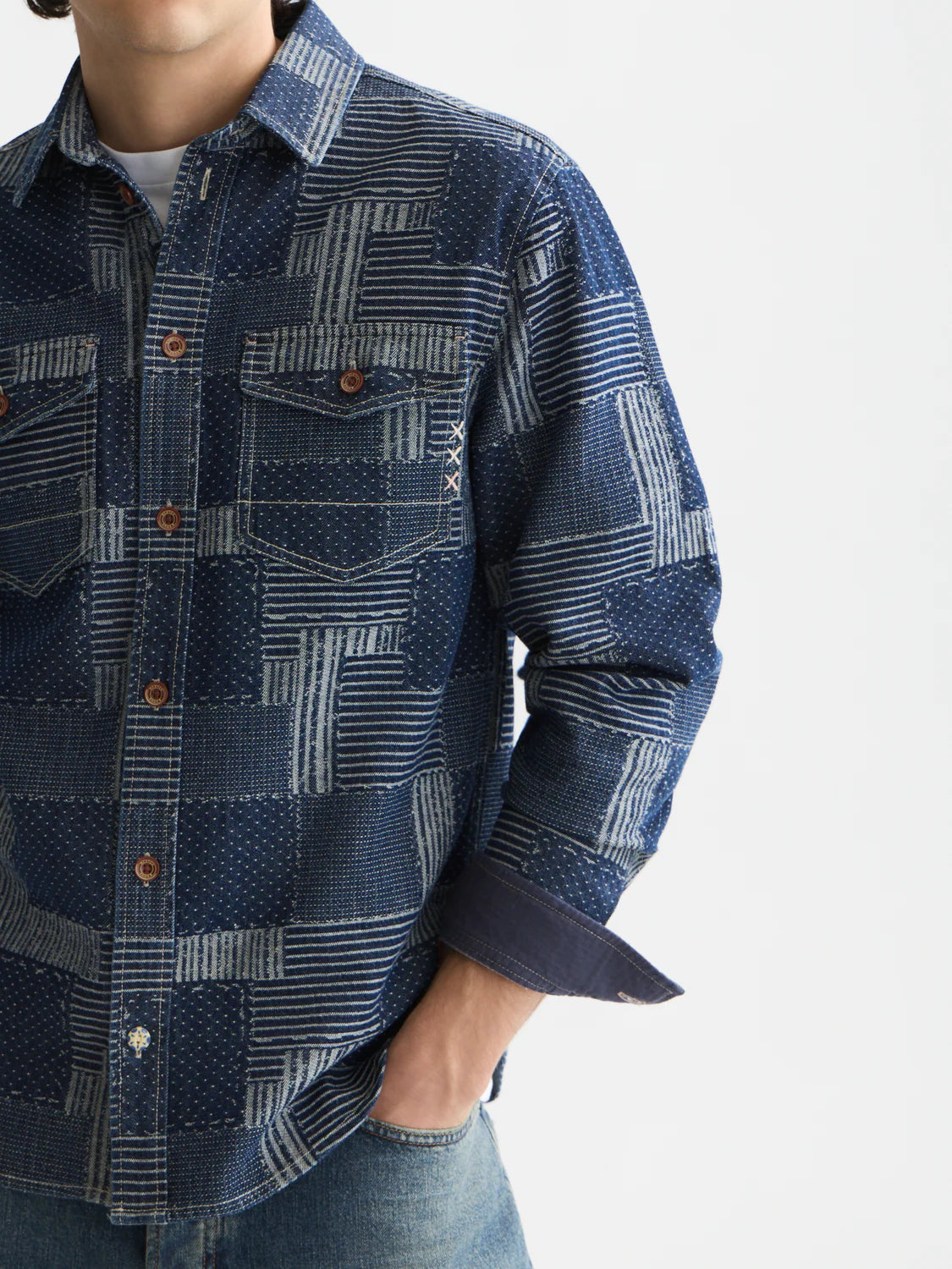 S&S DENIM PATCHWORK RELAXED FIT OVERSHIRT WASHED INDIGO 
