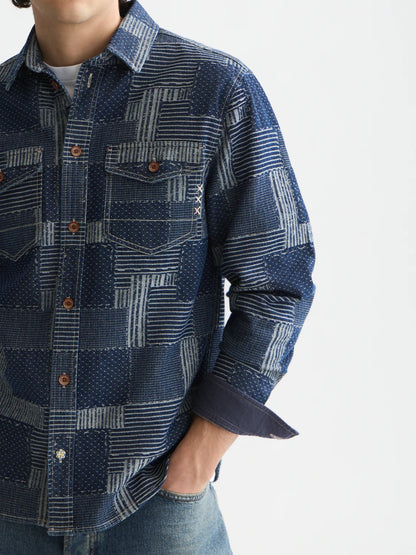 S&S DENIM PATCHWORK RELAXED FIT OVERSHIRT WASHED INDIGO 
