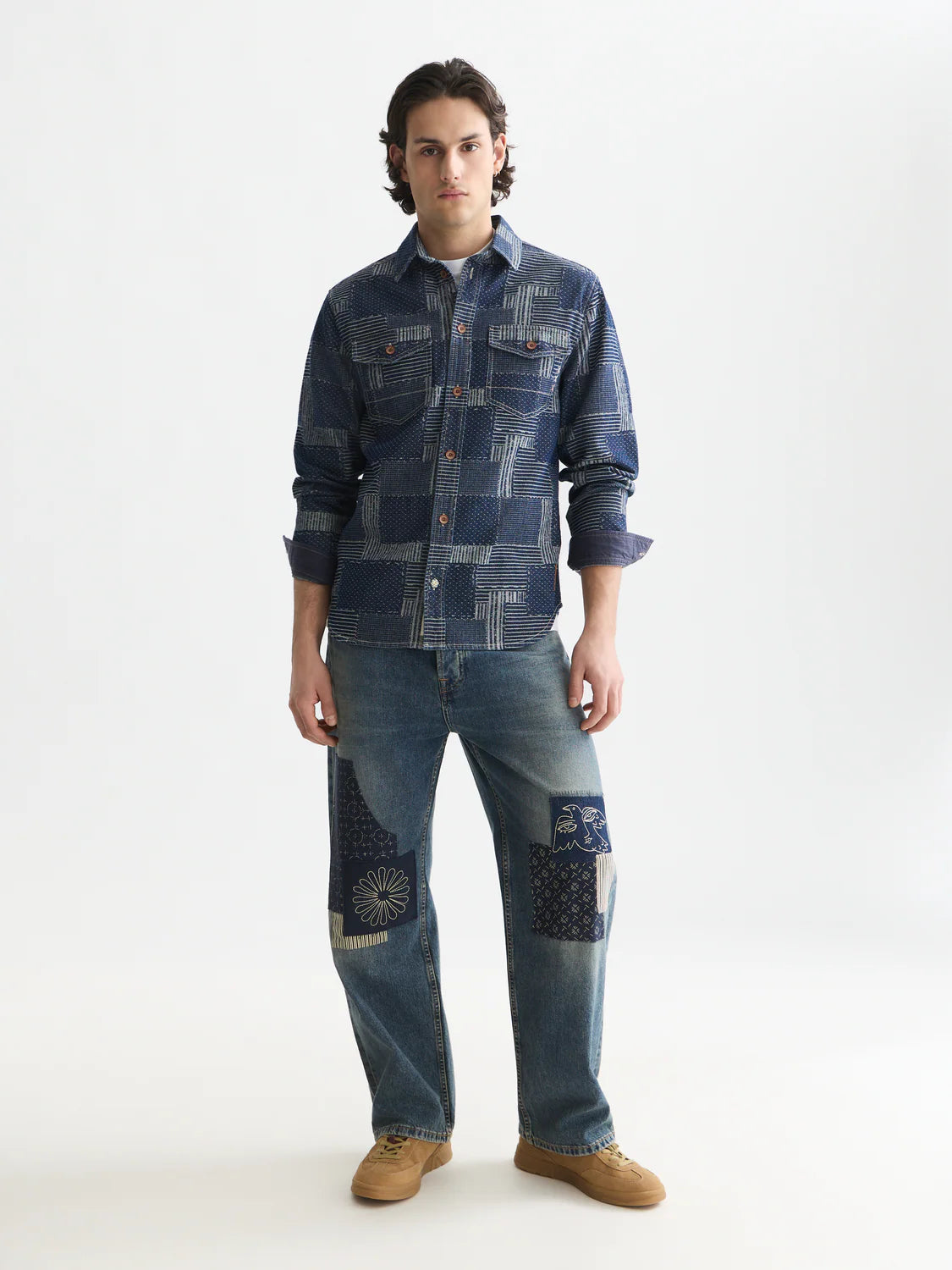 S&S DENIM PATCHWORK RELAXED FIT OVERSHIRT WASHED INDIGO 