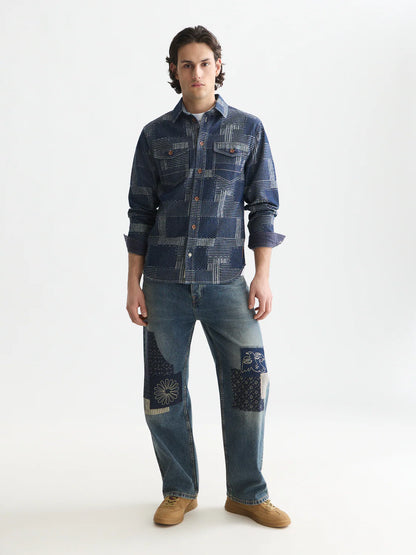 S&S DENIM PATCHWORK RELAXED FIT OVERSHIRT WASHED INDIGO 