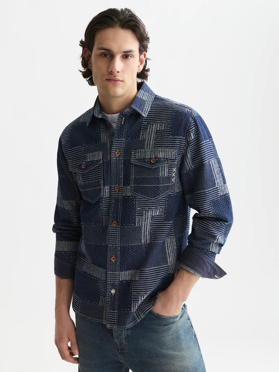 S&S DENIM PATCHWORK RELAXED FIT OVERSHIRT WASHED INDIGO 