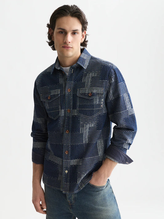 S&S DENIM PATCHWORK RELAXED FIT OVERSHIRT WASHED INDIGO 