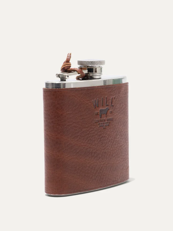 WILL LEATHER & STAINLESS STEEL FLASK COGNAC