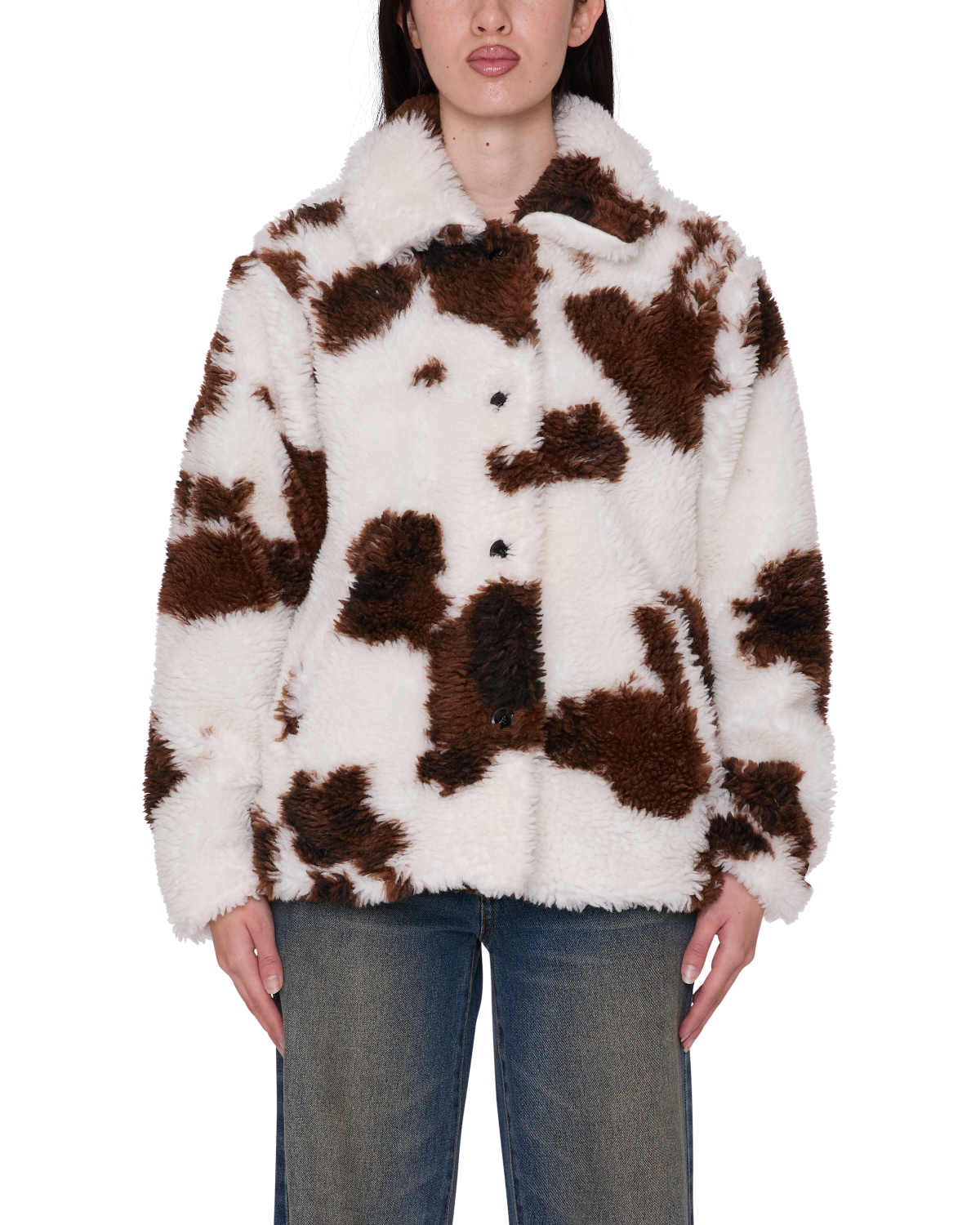 OBEY NOLIE SHERPA SHORT COAT COW PRINT 