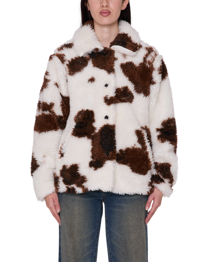 OBEY NOLIE SHERPA SHORT COAT COW PRINT 