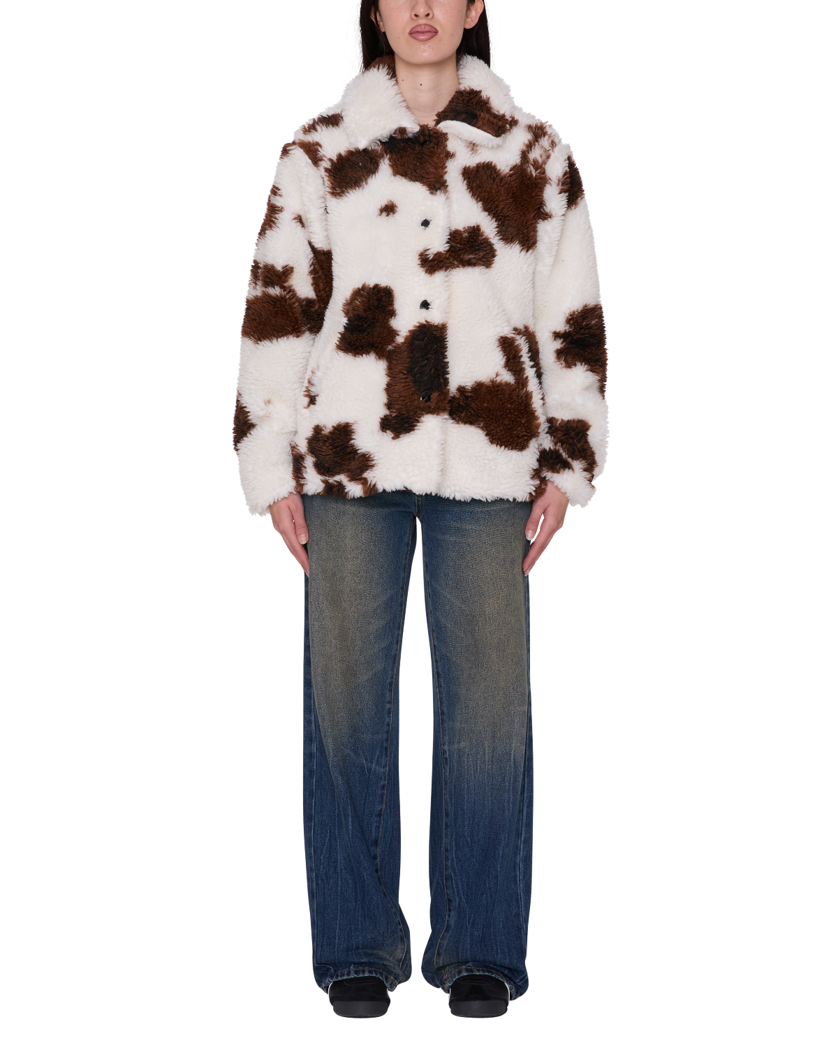 OBEY NOLIE SHERPA SHORT COAT COW PRINT 