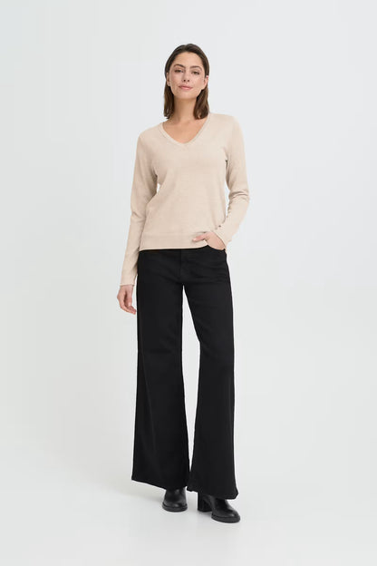 ICHI LULS V-NECK PULLOVER SWEATER OATMEAL 