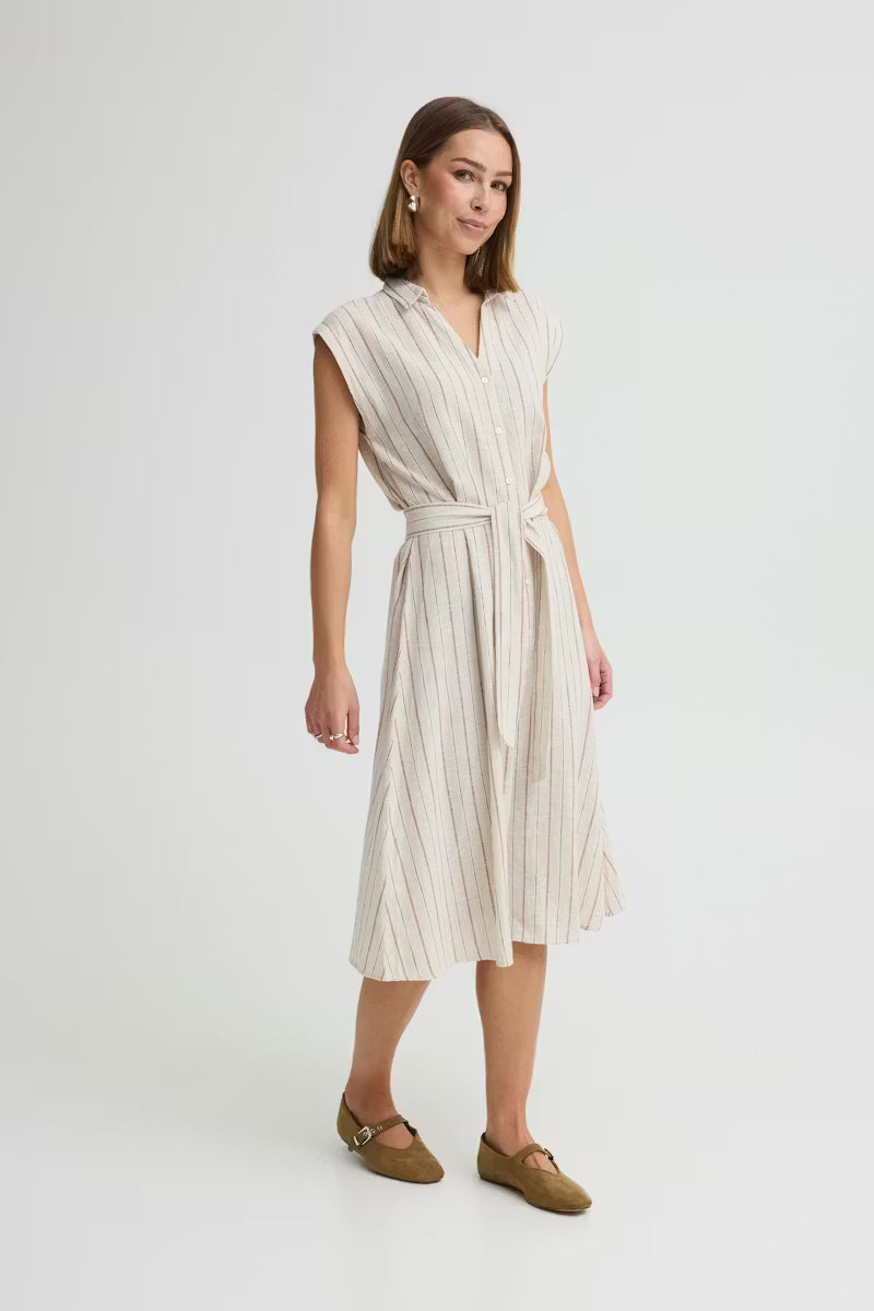 ICHI LINNO DRESS BROWN STRIPE 