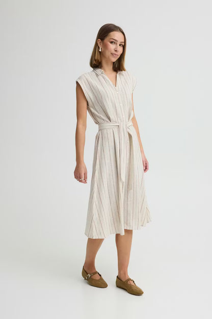 ICHI LINNO DRESS BROWN STRIPE 
