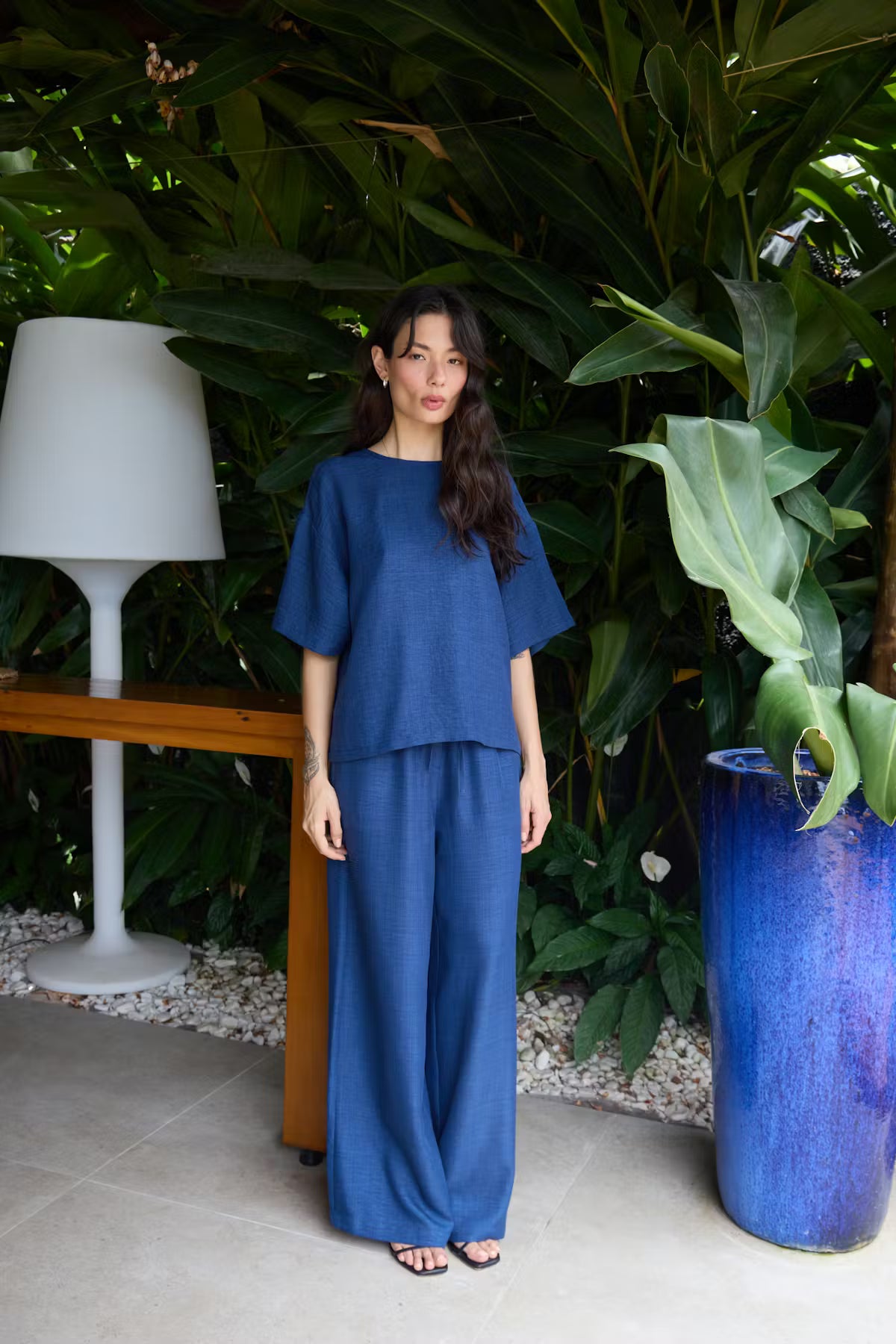 ICHI KATICO WIDE LEG PANT TRUE NAVY MELANGE 