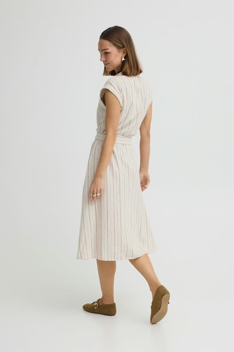ICHI LINNO DRESS BROWN STRIPE 