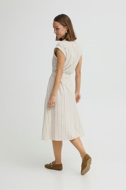 ICHI LINNO DRESS BROWN STRIPE 