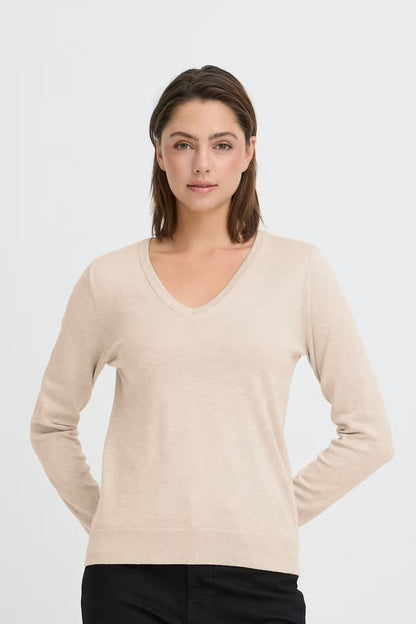 ICHI LULS V-NECK PULLOVER SWEATER OATMEAL 