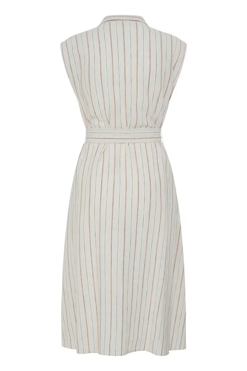 ICHI LINNO DRESS BROWN STRIPE 