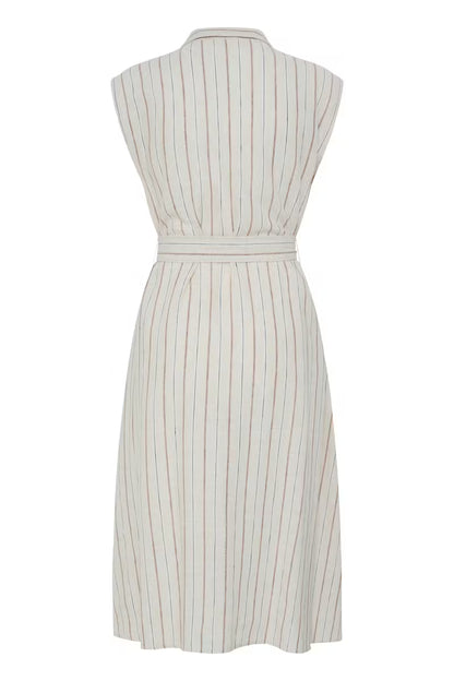 ICHI LINNO DRESS BROWN STRIPE 